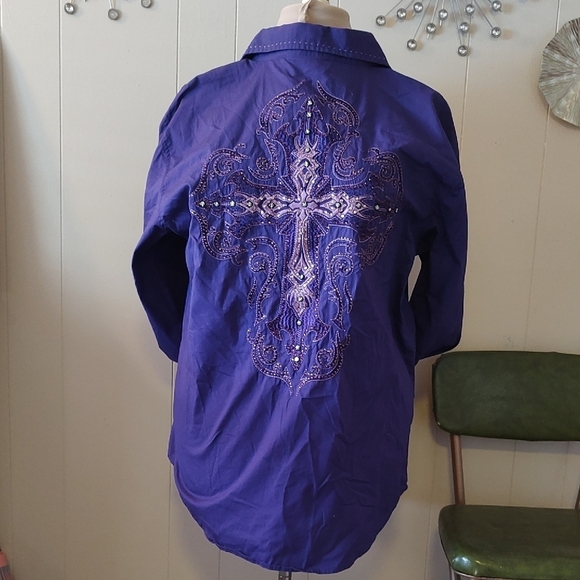 VICTORIOUS L.A. Purple Embroidered and Embelished Long Sleeve Shirt XL - Picture 5 of 16